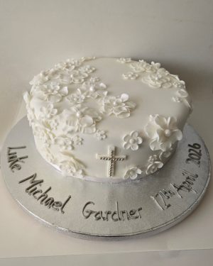 Single tier white floral christening